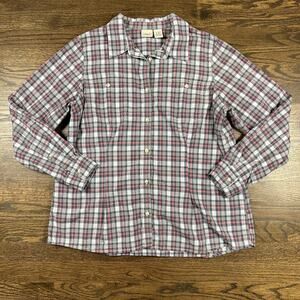 L.L.Bean Shirt Womens XL Red Gray Plaid Short Sleeve Button Front Cotton